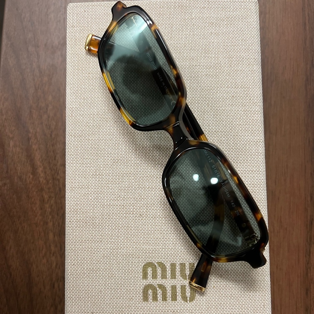 Miu Miu Tortoiseshell Rectangular Sunglasses with Green Lenses